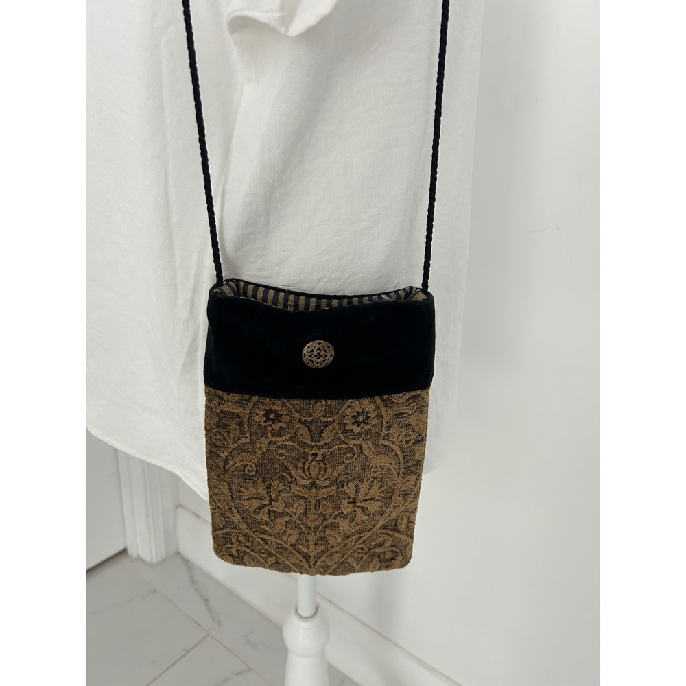 Vintage Style Tapestry Velvet Crossbody Phone Bag Gold Black Damask Pouch